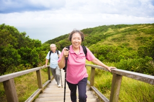 healthy senior couple hiking